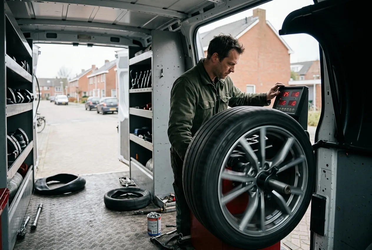 Monteur zet een wiel op de balanceermachine in de servicebus