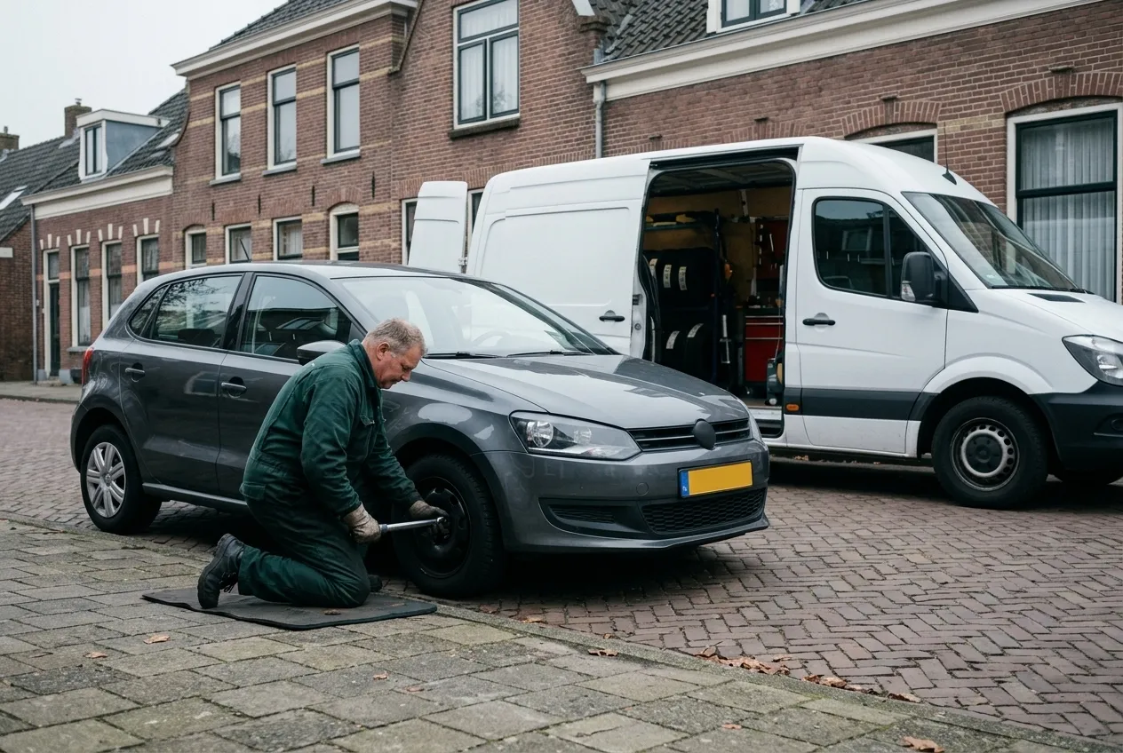 Monteur knielt bij het voorwiel van een grijze auto in een klinkerstraat, met de open servicebus erachter