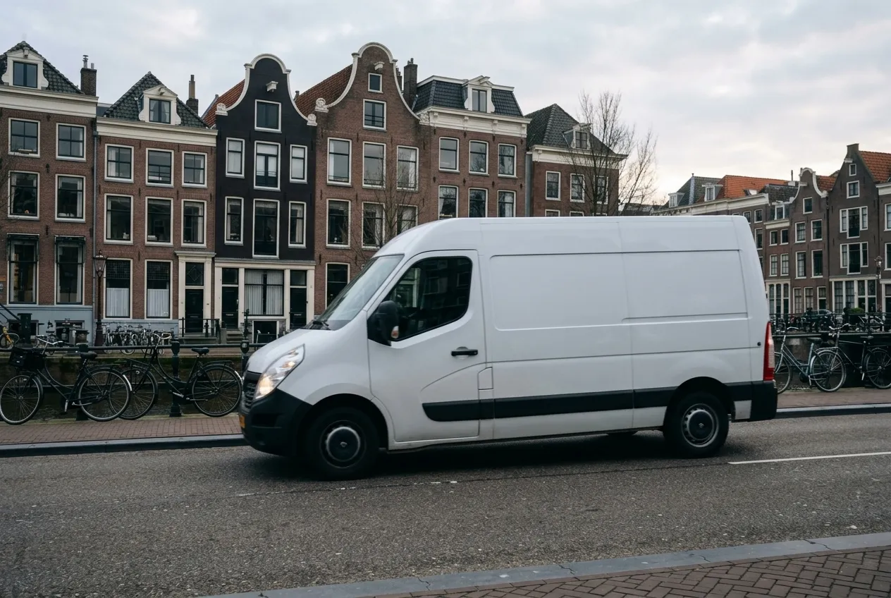 Witte servicebus rijdt langs een gracht met geparkeerde fietsen