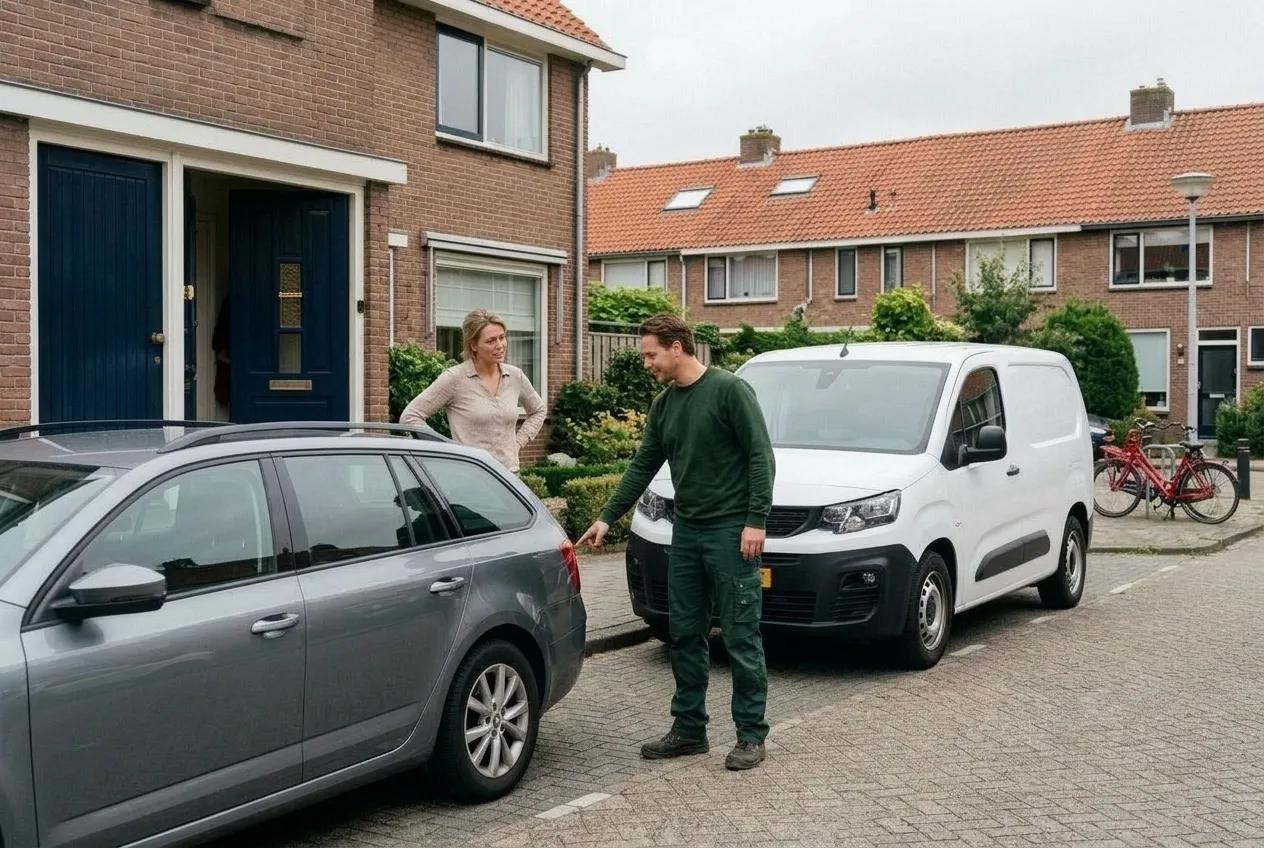 Monteur loopt met een bewoonster langs de auto voor de deur, de servicebus staat erachter